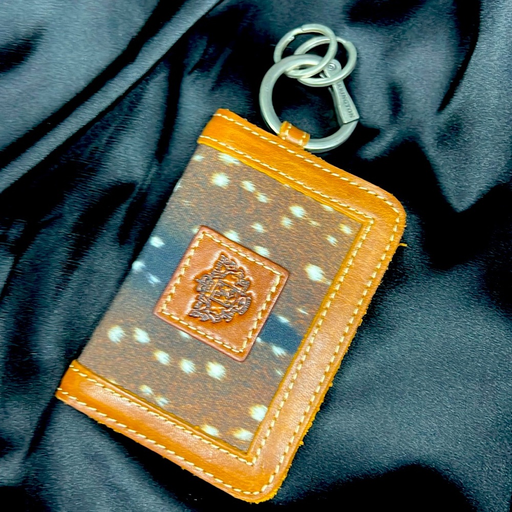 Leather Trim Axis Card Holder Keychain - Brown